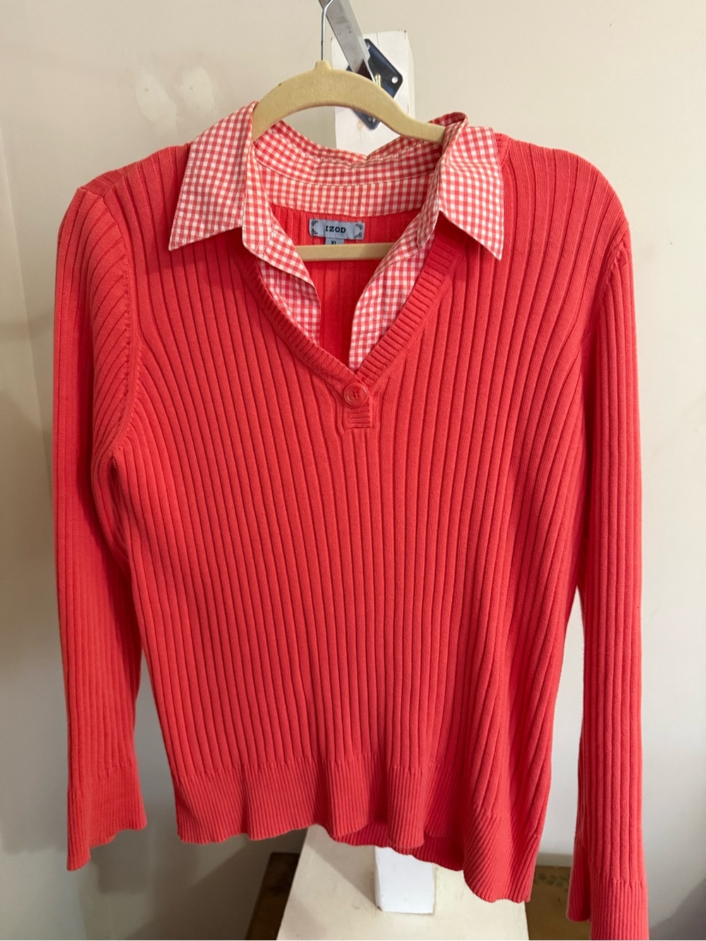Izod Ribbed Sweater with Attached Gingham Blouse